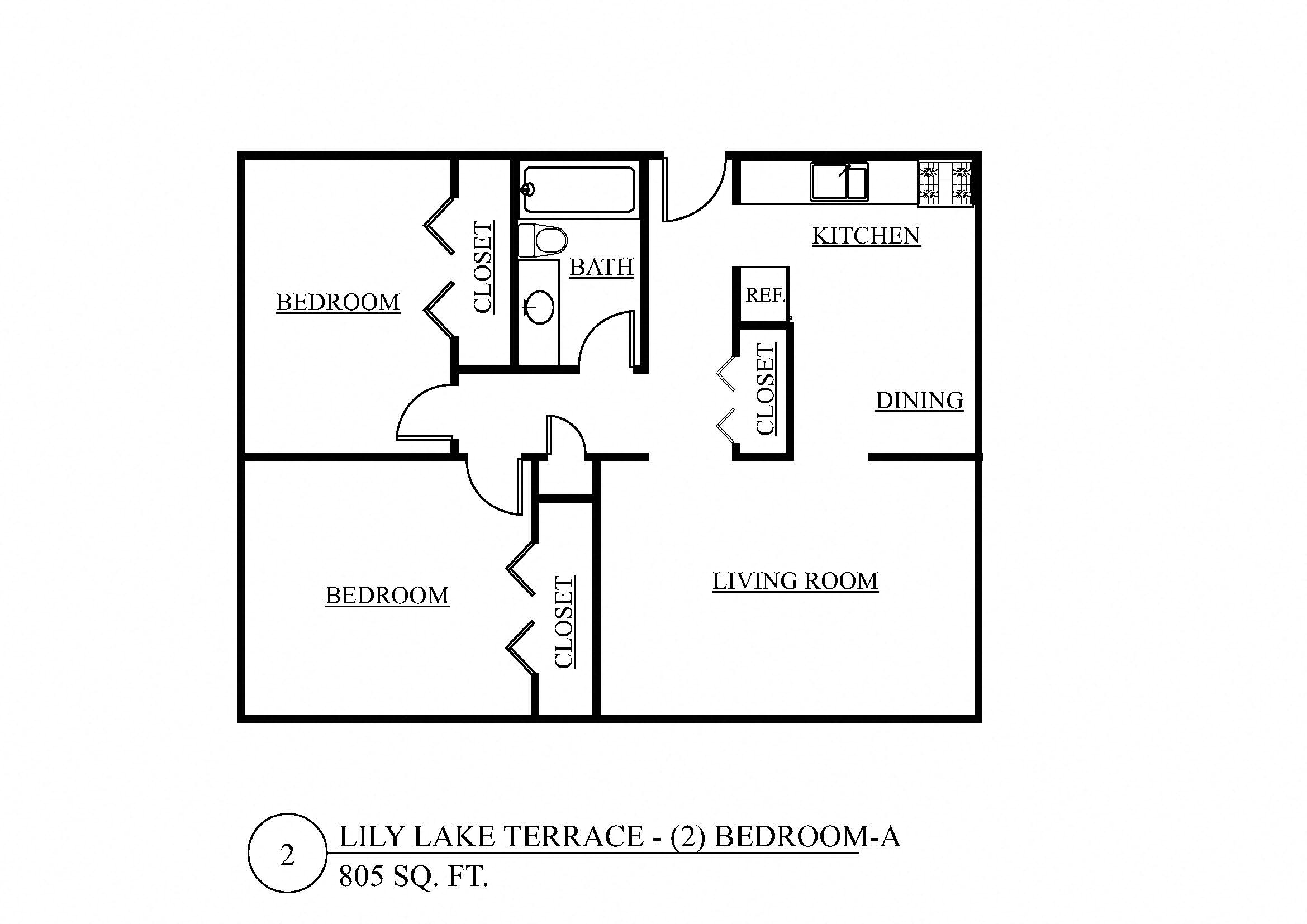 Floor plan for 2 beds, 1 bath, 805 sqft